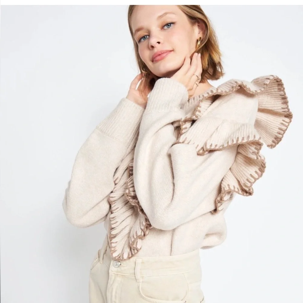 En Saison Pullover Rene Ruffle-Trim Sweater in Tan Small